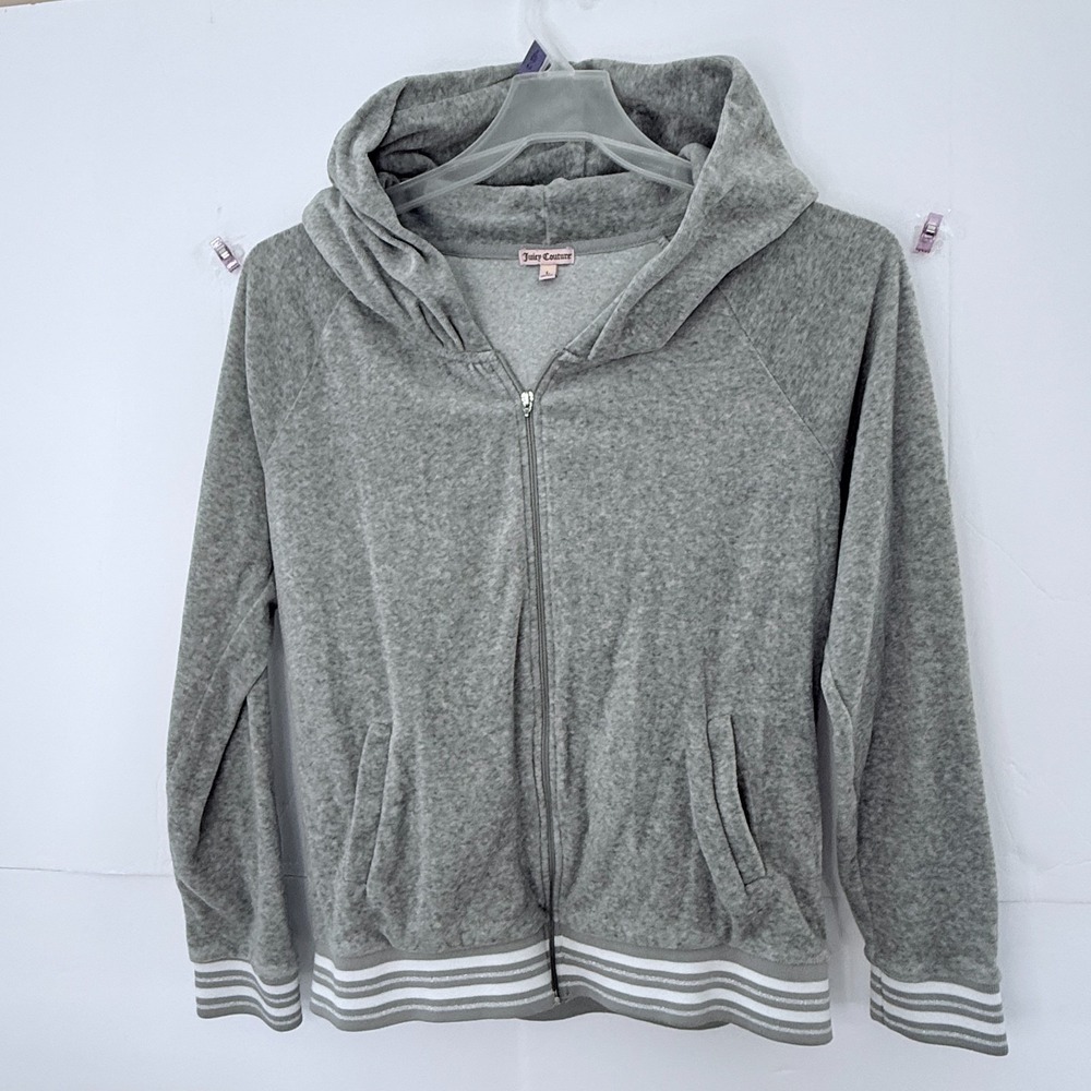 Juicy Couture Womens Velour Zip Up Hoodie Grey Metallic Striped Trim Size Large